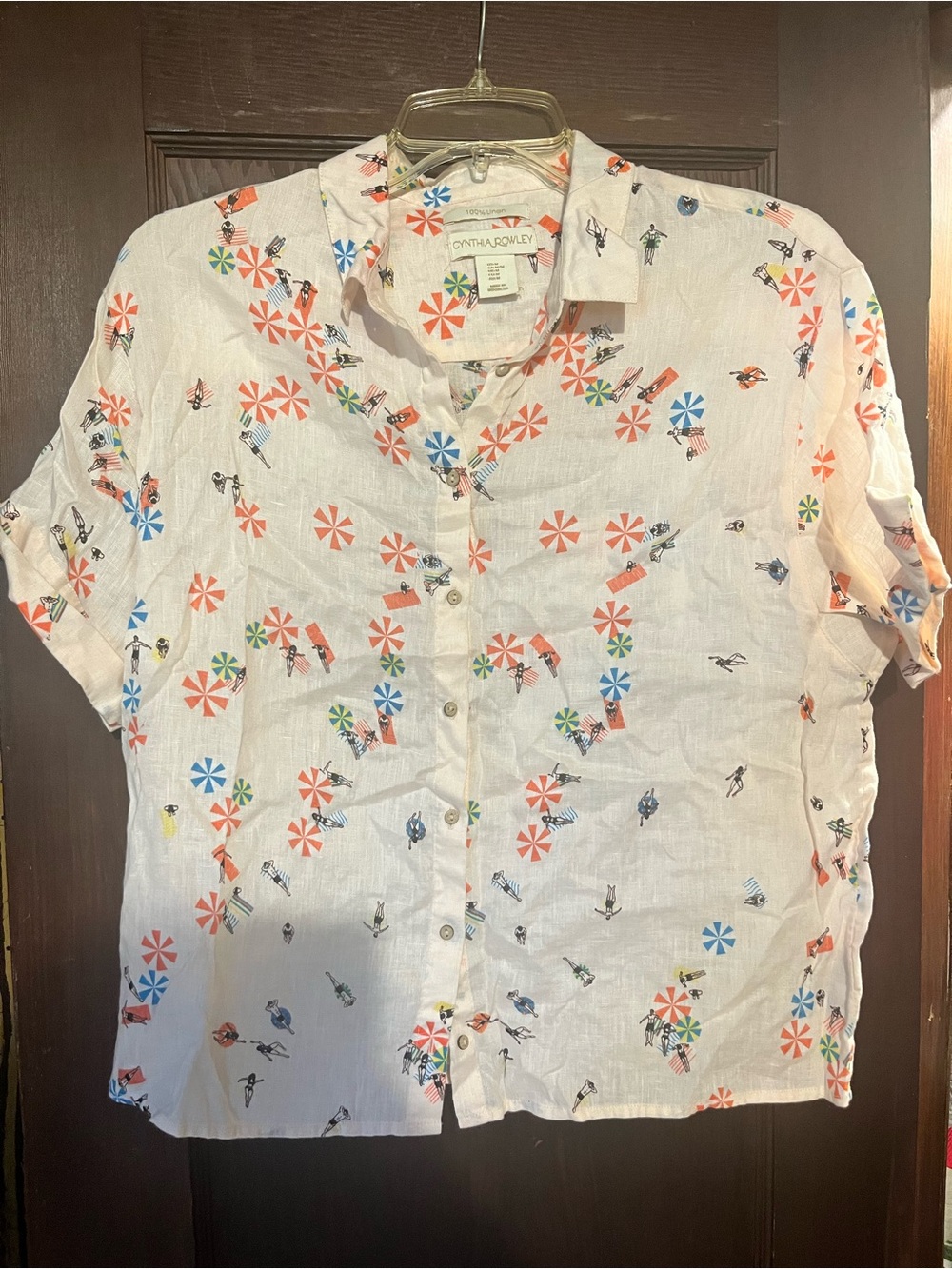 Cynthia Rowley White Short-Sleeve Button-Down with Multicolor Beach Print